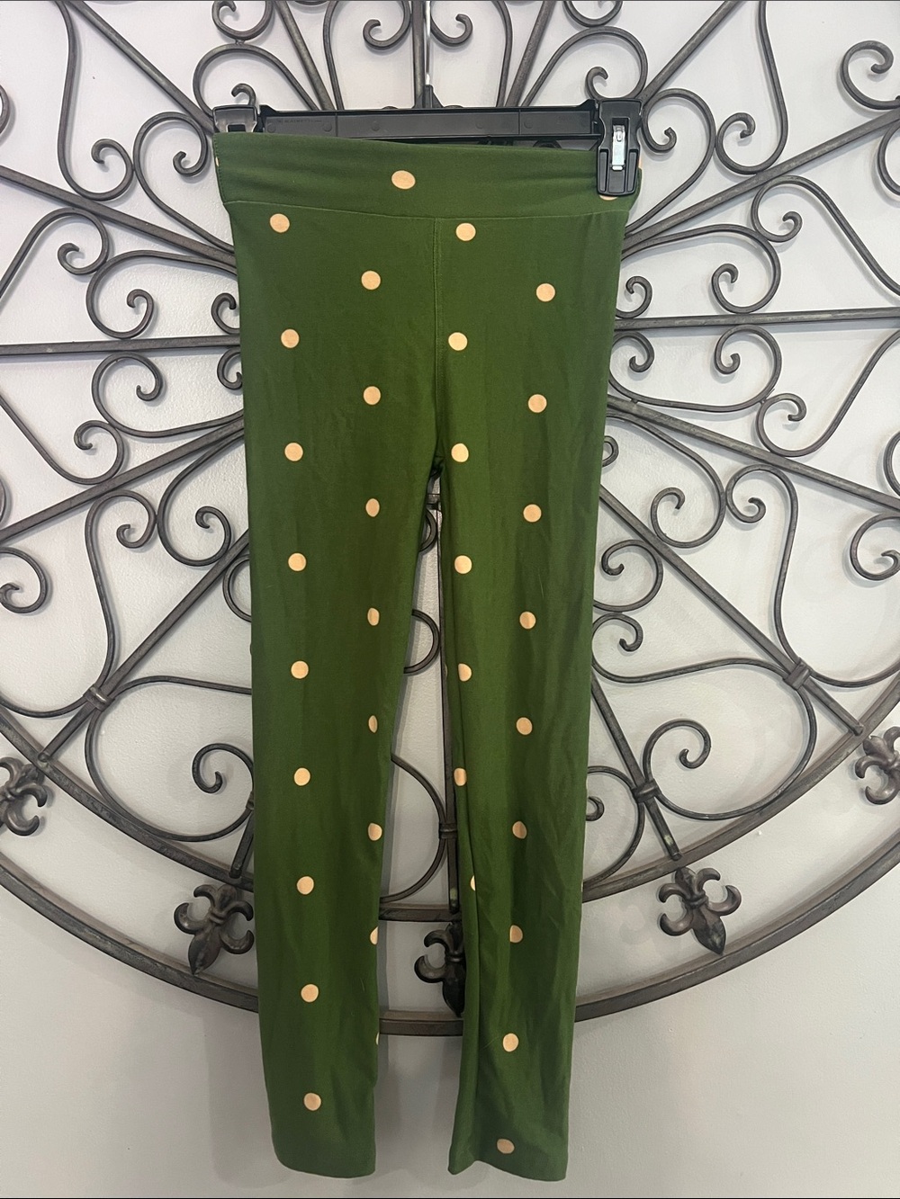 LuLaRoe Olive Green Leggings with Tan Polka Dots